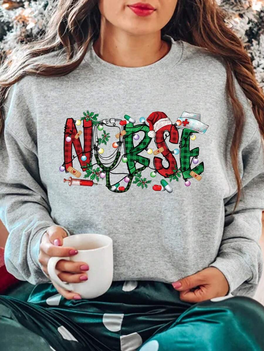 INAWLY Plus Size Christmas Pattern Fleece Sweatshirt Pullover Fall Outfit