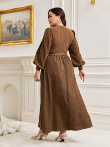 Mulvari Hơn Tay áo lồng đèn Nút phía trước Đầm - Cà phê nâu - Xem 2