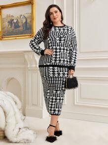 Modelyn 大碼千鳥格圖案落肩袖毛衣和針織裙 - 黑與白 - 查看 5