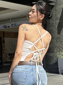 DAZY Solid Lace Up Backless Cami Top - White - View 8