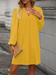 EMERY ROSE Solid V-neck Lantern Sleeve Dress - Ginger - View 6