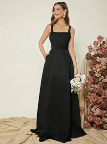 SHEIN Belle 素色超長吊帶正式洋裝 - 黑色 - 查看 3