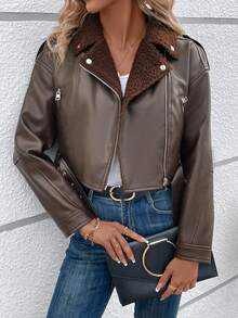 SHEIN LUNE Thả vai Lót Teddy chất liệu da PU Áo khoác moto - Rỉ Nâu - Xem 4