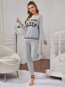 字母圖案拼接邊休閒服套裝 - 灰色 - 查看 3