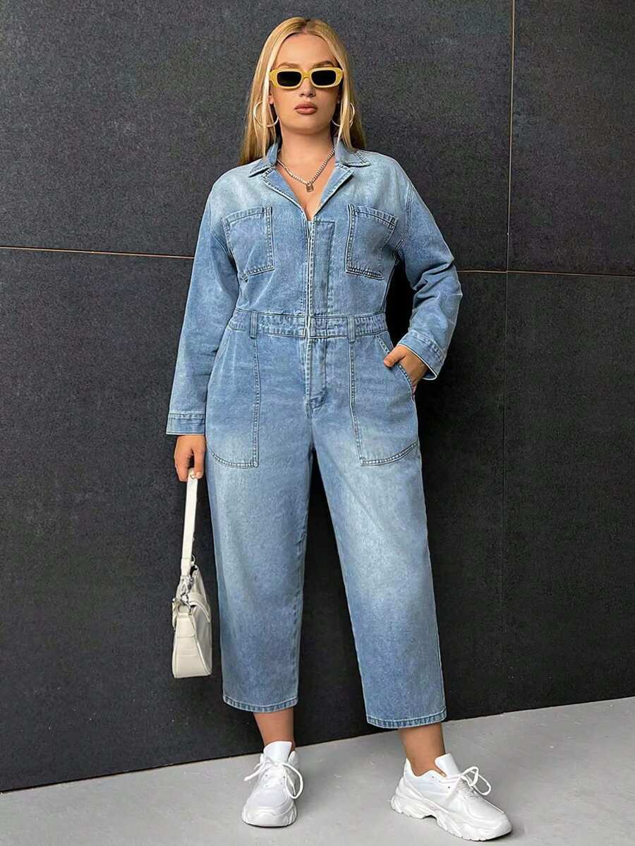 CovetEZ Hơn Dây kéo Túi nghiêng Denim Áo liền quần - Rửa nhẹ - Xem 1