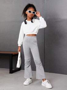 Tween Girl Letter Graphic Ruched Knee Flare Leg Sweatpants - Grey - View 5