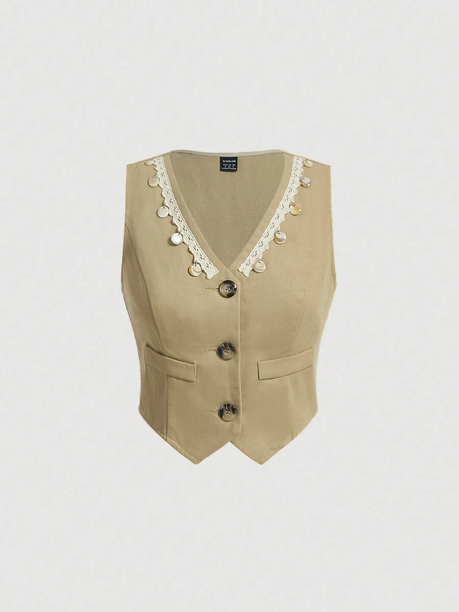 SHEIN MOD Patched Detail Button Front Vest Jacket - Khaki - View 1