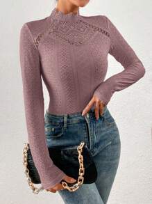 SHEIN Frenchy Guipure Lace Insert Mock Neck Eyelet Embroidery Bodysuit - Dusty Pink - View 4