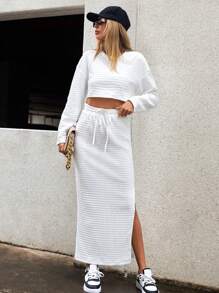 SHEIN Essnce Solid Drop Shoulder Crop Tee & Drawstring Waist Skirt - White - View 6