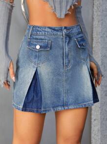 SHEIN ICON 翻蓋細節褶皺牛仔半身裙 - 藍色 - 查看 5