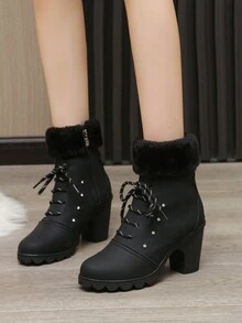 女款黑色高跟短靴及踝靴鏤空鉚釘細部尖頭踝靴pu皮坡跟歐美韓日系冬季 - 黑色 - 查看 3