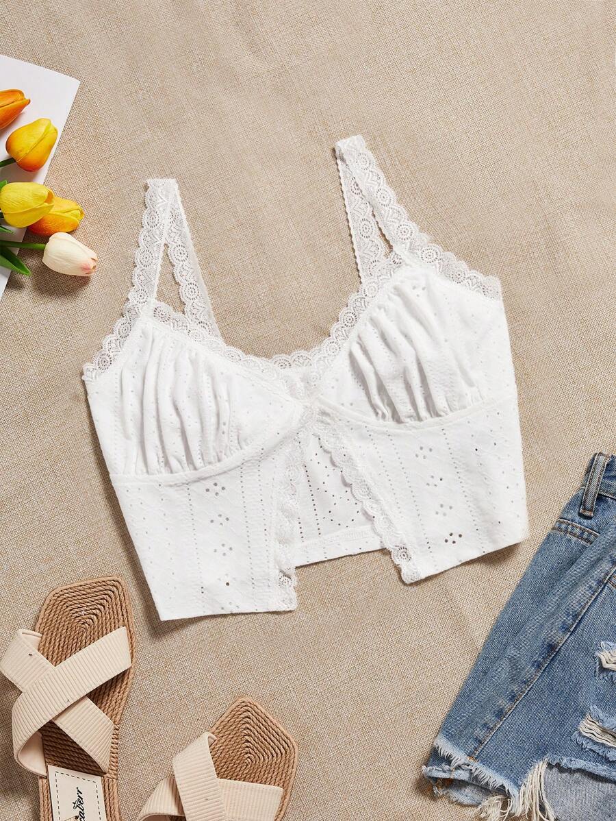 Soleia Lace Trim Ruched Bust Split Hem Cami Top - White - View 1