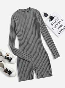 SHEIN EZwear Mock Neck Ribbed Knit Romper - Dark Grey - View 1