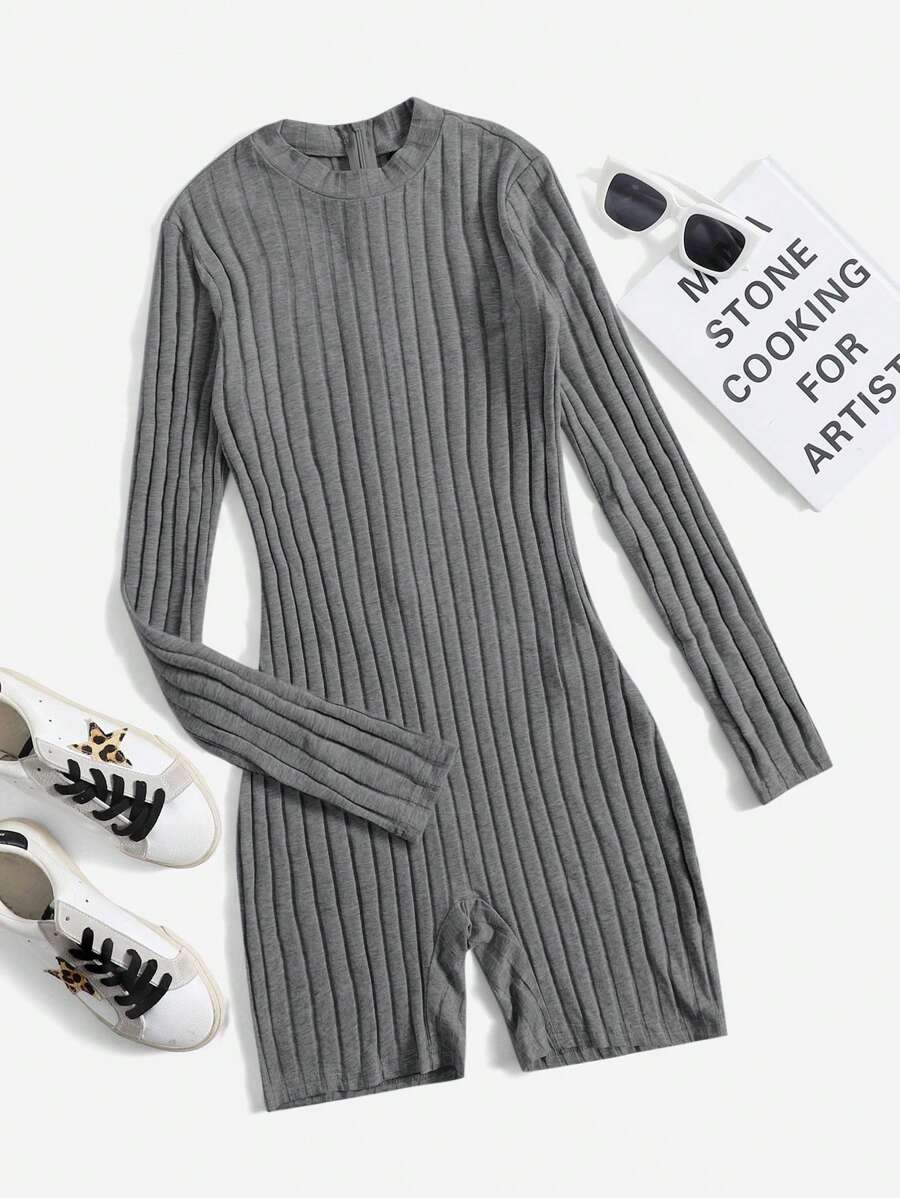 SHEIN EZwear Mock Neck Ribbed Knit Romper - Dark Grey - View 1