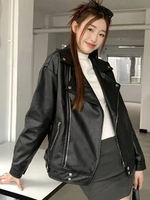 素色拉鏈開襟PU皮革機車夾克