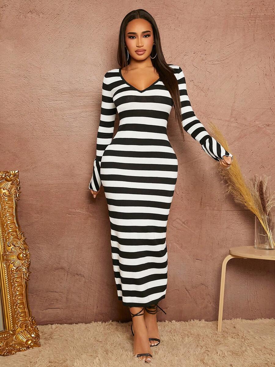 SHEIN SXY Robe Pull Moulante À Rayures Dos-Nu À Nœud