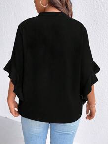 Rometta Plus Pearls Beaded Tie Neck Flounce Sleeve Blouse - Black - View 2