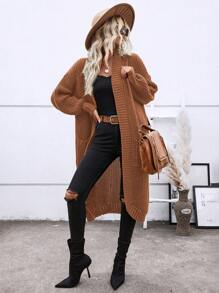 SHEIN Essnce Chất rắn Mở Mặt trước Thả vai Áo len Mở - Rỉ Nâu - Xem 1