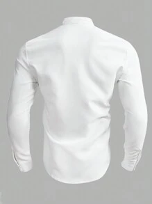 Manfinity Men's Loose Fit Solid Color Button Up Shirt , Slim Long Sleeve Plain All White Work - White - View 2