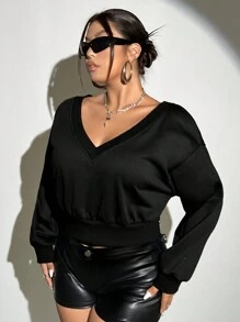 SHEIN ICON 女士加大號垂墜肩剪裁短版連帽衫 - 黑色 - 查看 4