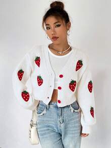 SHEIN Qutie Thêu dâu tây Thả vai Áo len Mở - Nhiều màu - Xem 4