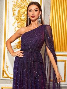 YISIKADO One Shoulder Draped Side Belted Sequin Prom Dress - Purple - View 7