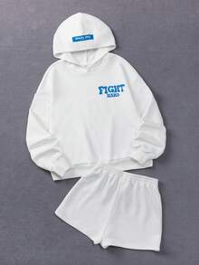 青少年女孩字母圖案落肩袖連帽衫和短褲