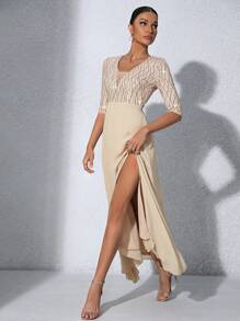 SHEIN Belle 撞色亮片开叉雪纺伴娘礼服优雅正式晚会舞会婚礼宾客礼服，适合毕业典礼、晚宴或节日派对服装 - 香檳色 - 查看 5
