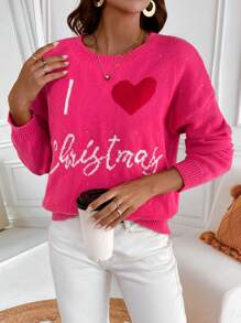 Chiquease Heart & Christmas Pattern Drop Shoulder Knit Pullover Fall Winter Sweater - Hot Pink - View 6
