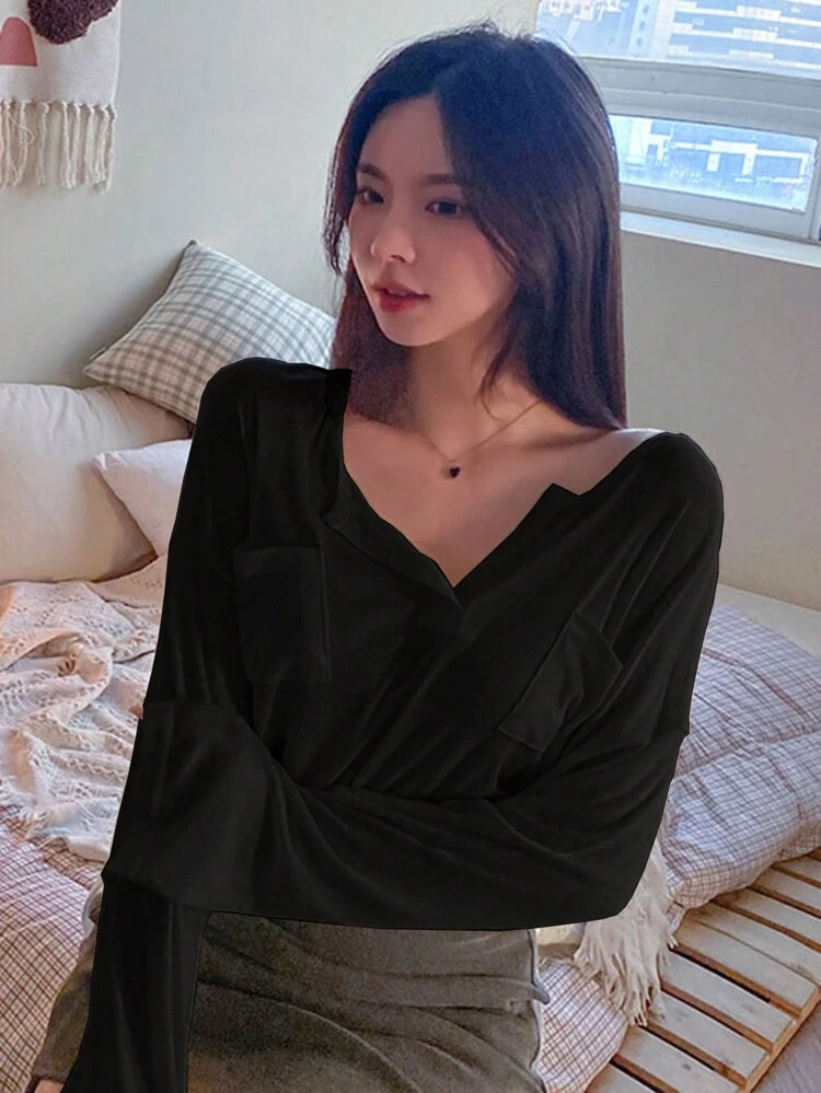 Solid Curved Hem Button Front Tee Long Sleeve Women Tops