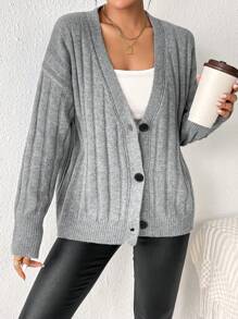 SHEIN Frenchy 落肩袖前紐扣開襟衫 - 灰色 - 查看 5