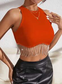 SHEIN BAE Pha lê Sọc Khóa kéo phía sau Áo ba lỗ - trái cam - Xem 5