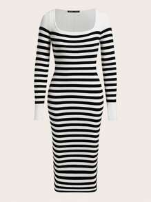 SHEIN BASICS Striped Pattern Square Neck Sweater Dress - Multicolor - View 7
