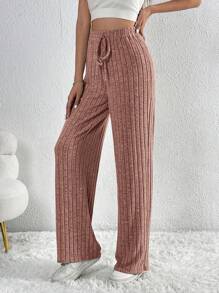 SHEIN Tall Pantalones de pierna ancha de cintura con cordón tejido de canalé - Rosa vieja - Ver 6