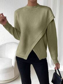 SHEIN LUNE 素色落肩袖交叉圍裹不對稱下擺套頭毛衣 - 橄欖綠 - 查看 1