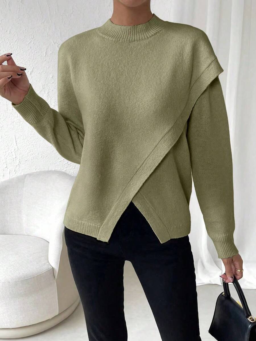 SHEIN LUNE 素色落肩袖交叉圍裹不對稱下擺套頭毛衣 - 橄欖綠 - 查看 1