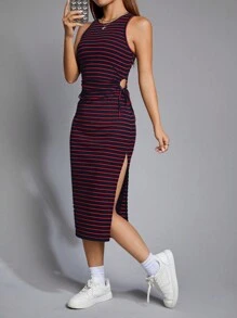 SHEIN EZwear 條紋印花高衩洋裝 - 紅色 - 查看 1