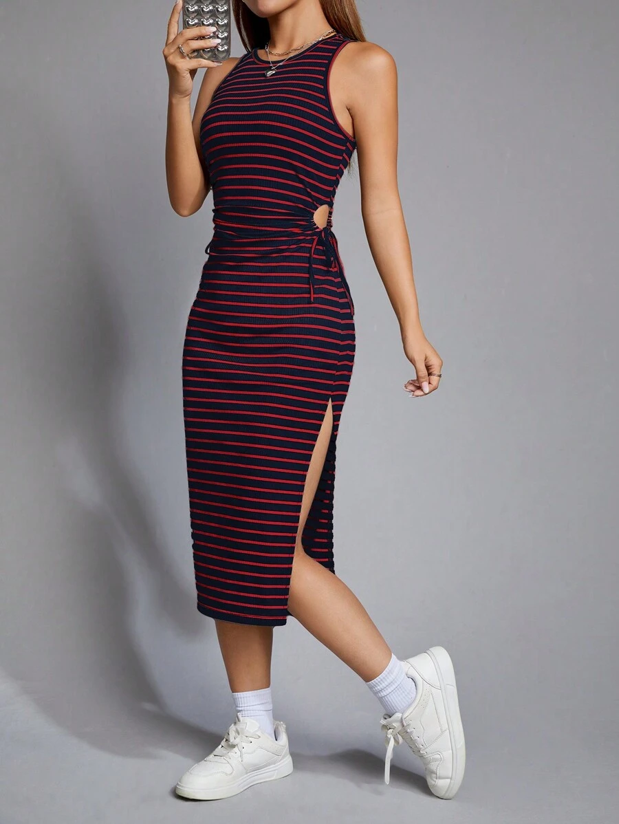 SHEIN EZwear 條紋印花高衩洋裝 - 紅色 - 查看 1