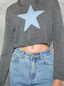Teen Girl Star Pattern Drop Shoulder Crop Sweater - Multicolor - View 4