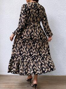 SHEIN Clasi Plus Allover Print Lantern Sleeve Belted Dress - Multicolor - View 2