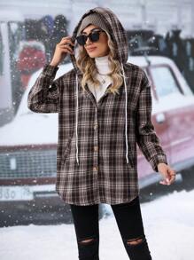 SHEIN LUNE 格紋印花落肩袖抽繩連帽外套 - 彩色 - 查看 1