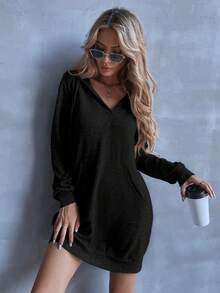 SHEIN Unity 素色袋鼠口袋連帽衛衣裙 - 黑色 - 查看 4