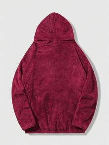 男士字母刺繡袋鼠口袋絨毛連帽家居服上裝 - 酒紅色 - 查看 2