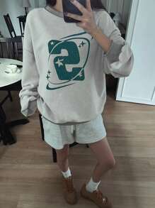 DAZY 字母图案落肩超大套头衫，秋装运动衫 - 灰色 - 查看 3