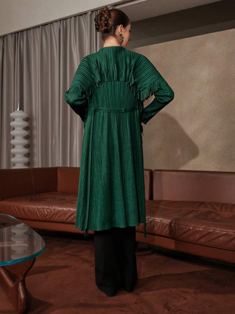 Solid Fringe Trim Belted Coat Fall Cloth For Women