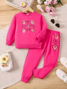 SHEIN Cô Gái Trẻ In Trái tim Áo len & Quần nỉ - Màu Hồng Tươi - Xem 1