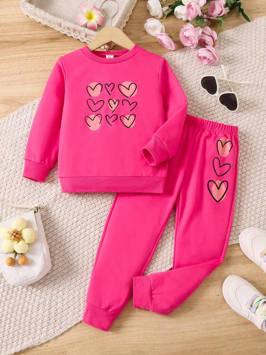 SHEIN Cô Gái Trẻ In Trái tim Áo len & Quần nỉ - Màu Hồng Tươi - Xem 1