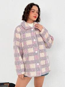 SHEIN Qutie 大碼格紋圖案落肩袖絨毛外套 - 彩色 - 查看 7