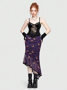 ROMWE Hippie Falda luna & con estampado de gato de malla en contraste bajo con fruncido - Morado - Ver 2