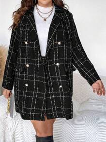 Celure Plus Plaid Double Breasted Overcoat - Black - View 4
